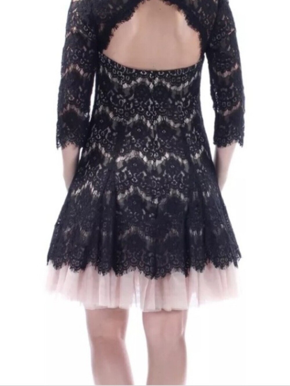 Betsy & Adam Lace Tulle Mini Dress 12P Black Tan Cocktail A-line Party - Picture 11 of 11
